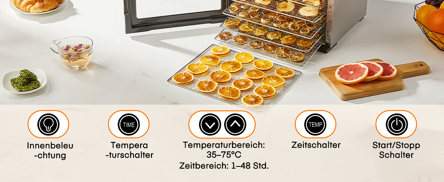 Електричний дегідратор FOHERE з нержавіючої сталі, 650W, 8 ярусів, таймер 48h, 35-75°C - для овочів, м'яса, трав, здорових перекусів та кемпінгу