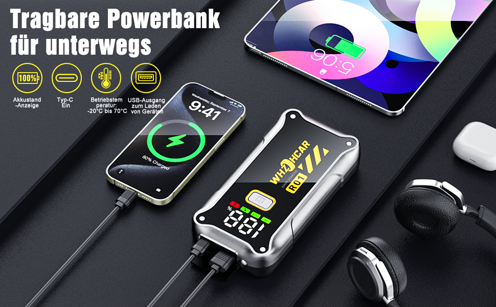 Powerbank Starthilfe 4000A: Портативний пусковий пристрій для авто 12V з LCD дисплеєм та LED ліхтариком. Підходить для бензинових (9.0L) та дизельних (7.5L) двигунів. Ідеально для SUV, мотоциклів та газонокосарок.