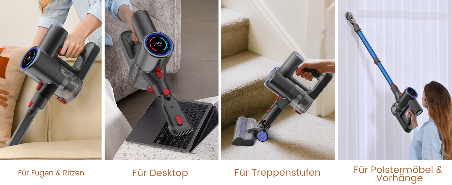 Версліф: Бездротовий акумуляторний пилосос 500W, 45 хв роботи, 40kPa, LED-дисплей, для дому та авто, синій