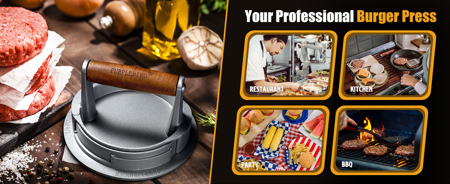 Пресс для бургерів PURPLEBIRD з алюмінію, 10.8 см, регулювання товщини, з дерев'яною ручкою | Прес для паті, гамбургерів, BBQ