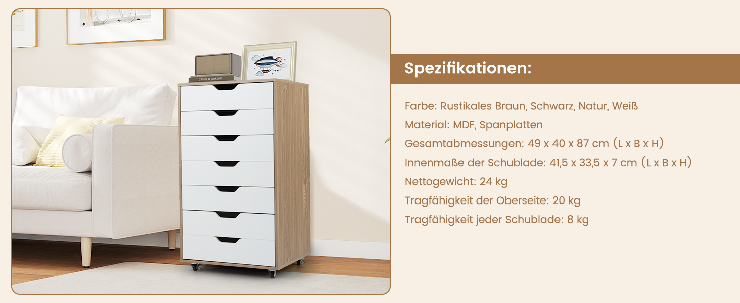 Роликовий контейнер GIANTEX з 5 шухлядами, офісний шафчик на колесах, тумбочка під стіл з дерева, друкарський столик для дому та офісу (білий, 49 x 40 x 65 см)