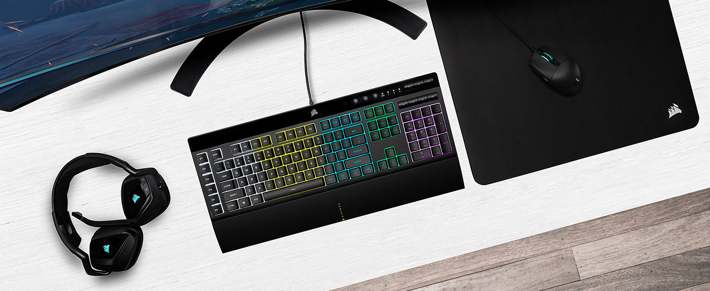 Клавіатура Corsair K55 RGB PRO, провідна, мембранна, QWERTZ DE, чорна, IP42, 6 макро-клавіші, сумісна з iCUE, для PC, Mac, Xbox