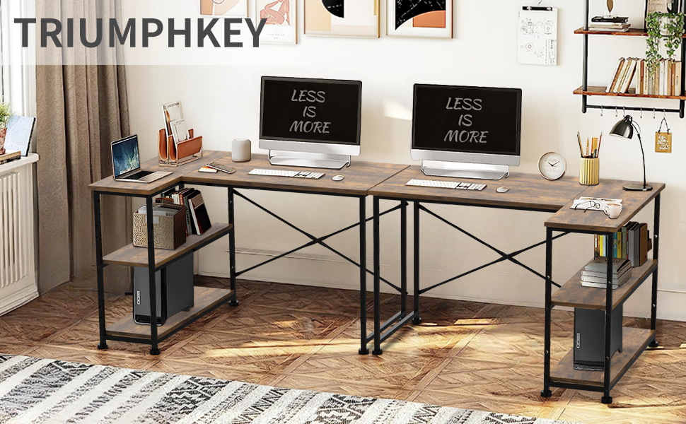 Кутовий письмовий стіл TRIUMPHKEY L-подібної форми з полицями, 110 см, вінтажний коричневий