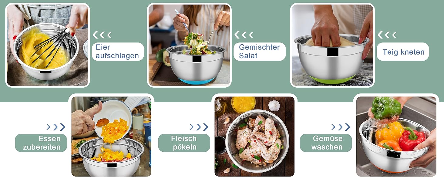 Набір мисок HaWare 6 шт. з нержавіючої сталі, 6 мисок + 6 кришок + 3 тертки, об'єм 4.6/2.8/2.5/1.6/1.2/0.7л, з антиковзним силіконовим дном, для миття в посудомийній машині