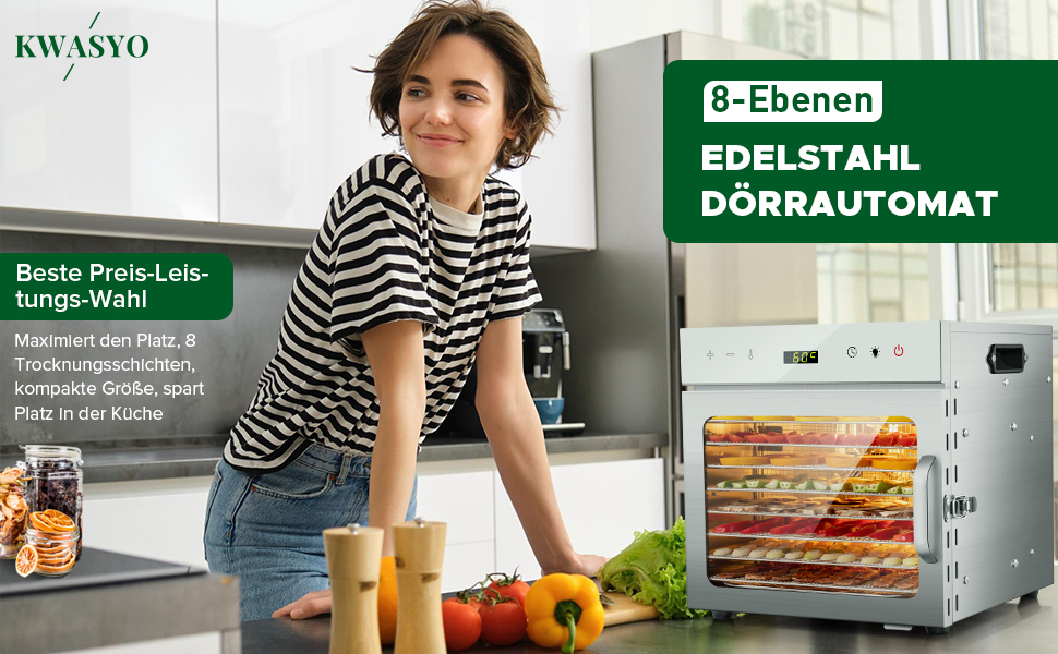 Електросушарка для овочів, м'яса та фруктів Kwasyo з нержавіючої сталі, 8 ярусів, 6 листів для сушіння, рецепти, без BPA, 30–90°C, до 24 год