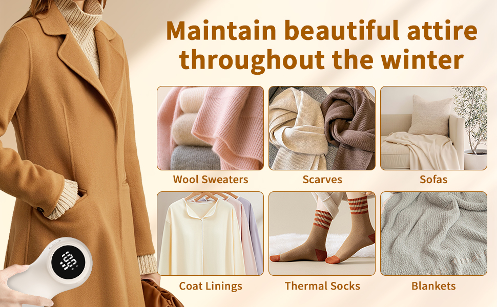 Електричний видальник для одягу та меблів, видалення ворсу, 6-лезове, перезаряджуваний, з цифровим дисплеєм, білий