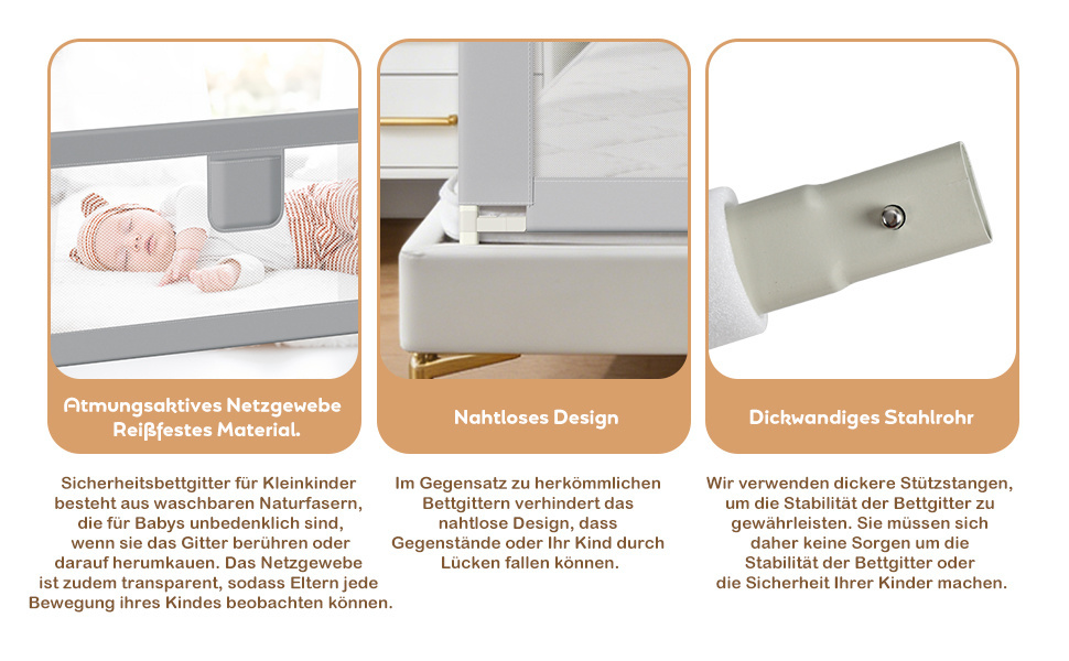 Захисний бортик для ліжка дитячий Ikodm 2x200 см + 1x180 см, регульована висота 64-96 см, сірий