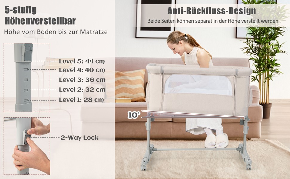 Двофункціональне ліжко-приліжкова стільниця Dreamade 2 в 1 з регулюванням висоти, з матрацом та колесами, 86 x 63 см, для новонароджених до 9 кг, з нахилом 10°, сірий колір