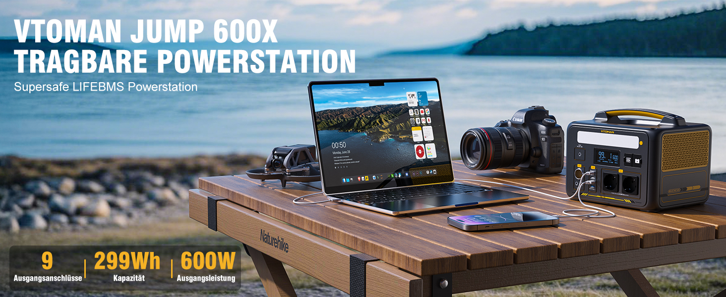Портативна електростанція VTOMAN Jump 600X: 600W, 299Wh, LiFePO4, сонячний генератор, розширювана ємність