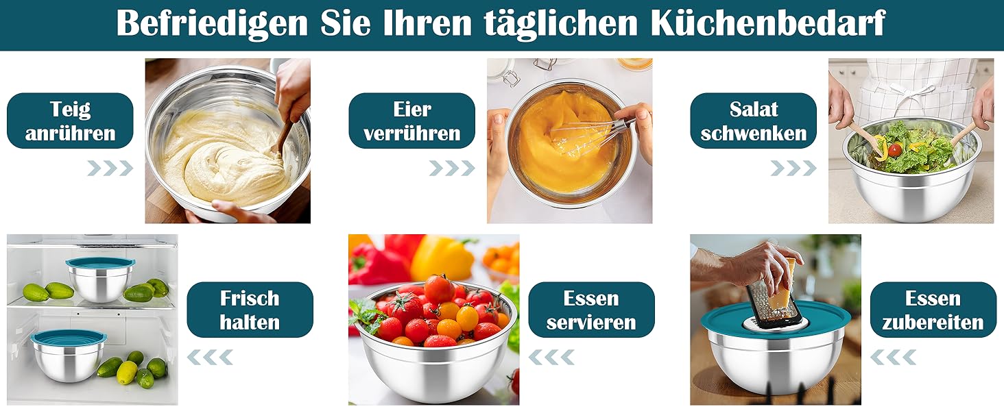 Набір салатниць TEAMFAR 6 шт. з нержавіючої сталі з кришками та силіконовим дном, 0,7L / 1,5L / 1,6L / 2,5L / 2,8L / 4,6L (блакитний)