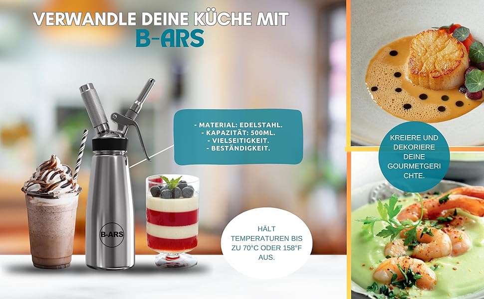 Дозатор для вершків B-ARS з нержавіючої сталі 0,5L з аксесуарами: насадки для декорування, голка для інжекцій, щітка для чищення, сумка для зберігання та електронна книга з рецептами