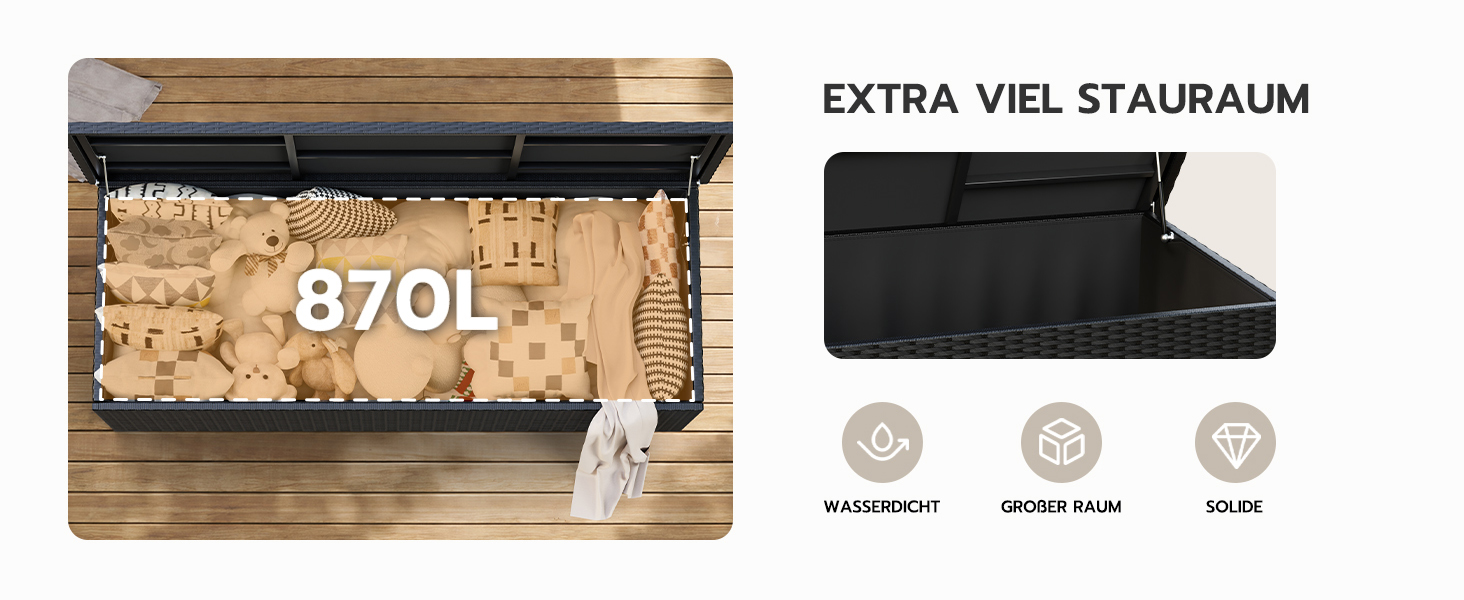 Скриня для подушок садових Polyrattan Amopatio 650л, водонепроникна, з газліфтом, чорна. Ящик для зберігання для саду та балкону