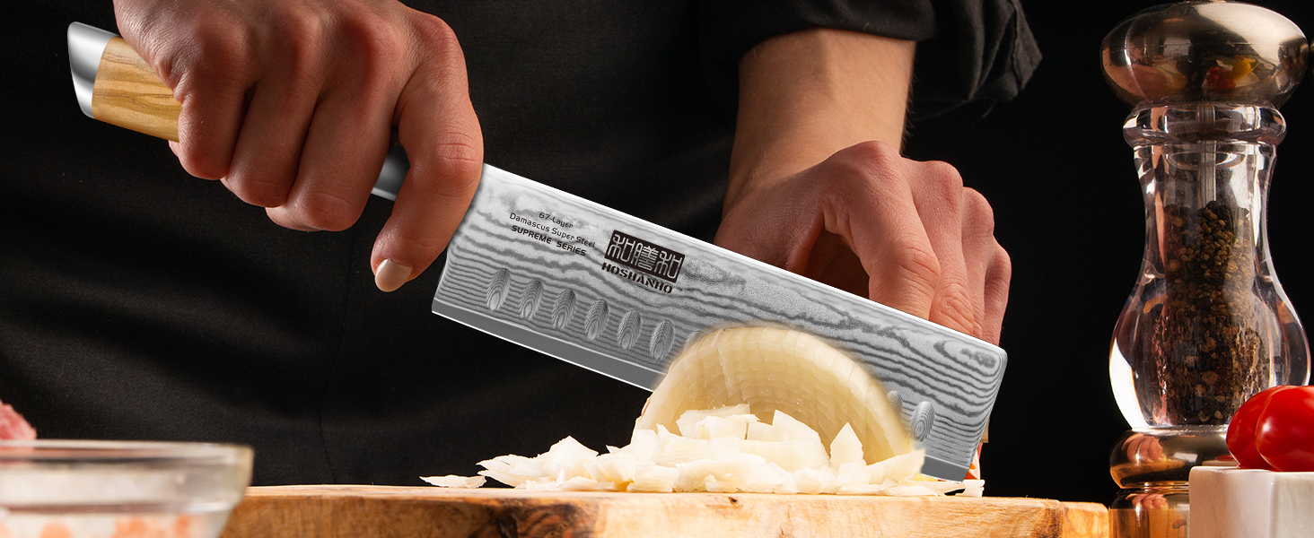 Японський ніж HOSHANHO з дамаської сталі 20 см, 67 шарів, кухонний ніж, надзвичайно гострий, з ергономічною ручкою оливкового кольору (16.5 см Nakirimesser)