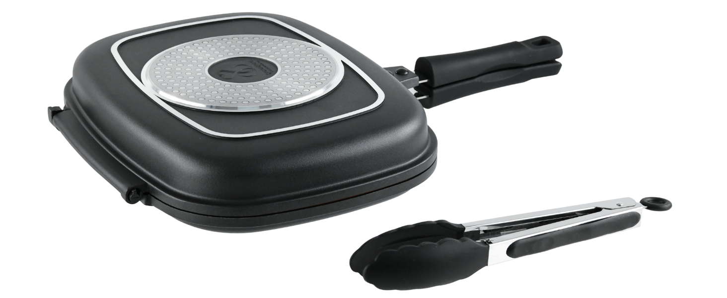 Сковорода-гриль Stone&Stone 28x28 см | Професійна сковорода для стейків | Німецьке антипригарне покриття GREBLON C3+ без PFOA | Знімна ручка | Підходить для індукції, газу та духовки | Для приготування барбекю з щипцями (32 см)