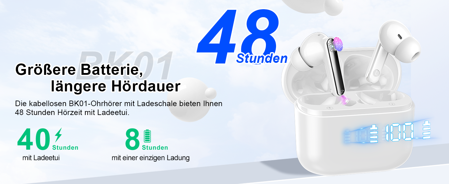 Навушники SKIUDCT Bluetooth 5.3, 48 годин глибоких басів, мікрофон ENC, водонепроникність IP7, світлодіодний дисплей (білий)