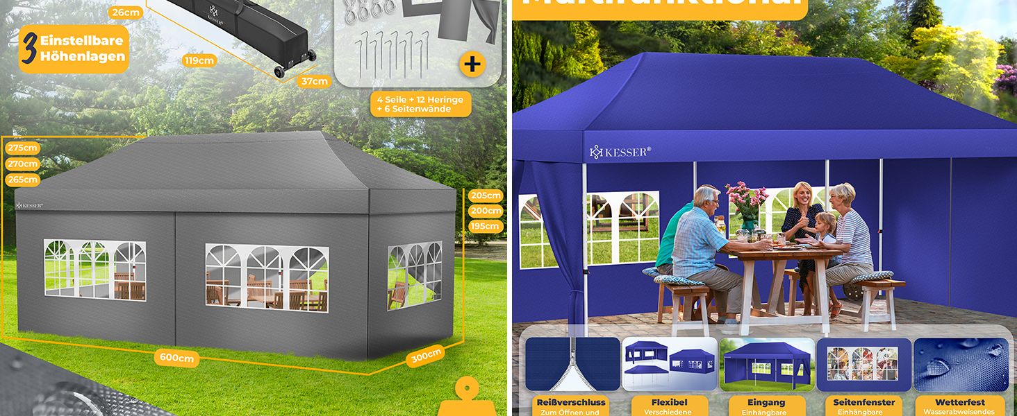 Павільйон KESSER® 6x3м з 6 знімними стінками, для саду, регульована висота, водовідштовхувальний, з сумкою, анкери, Pop-Up система, захист від UV 50+, для вечірок, антрацитовий колір