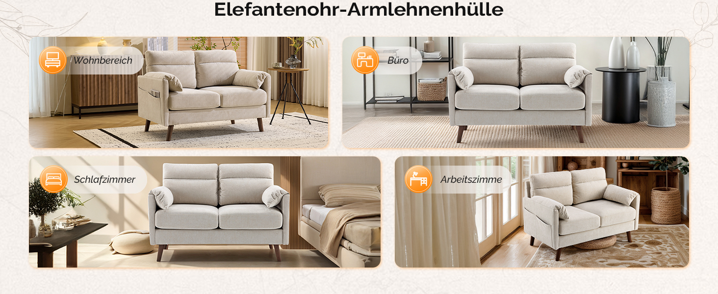 Диван Bonnlo 2-місний, компактний, 125 см, тканинний, бежевий. Зручні підлокітники, для офісу, вітальні, спальні, кабінету. Легка збірка. Льон.