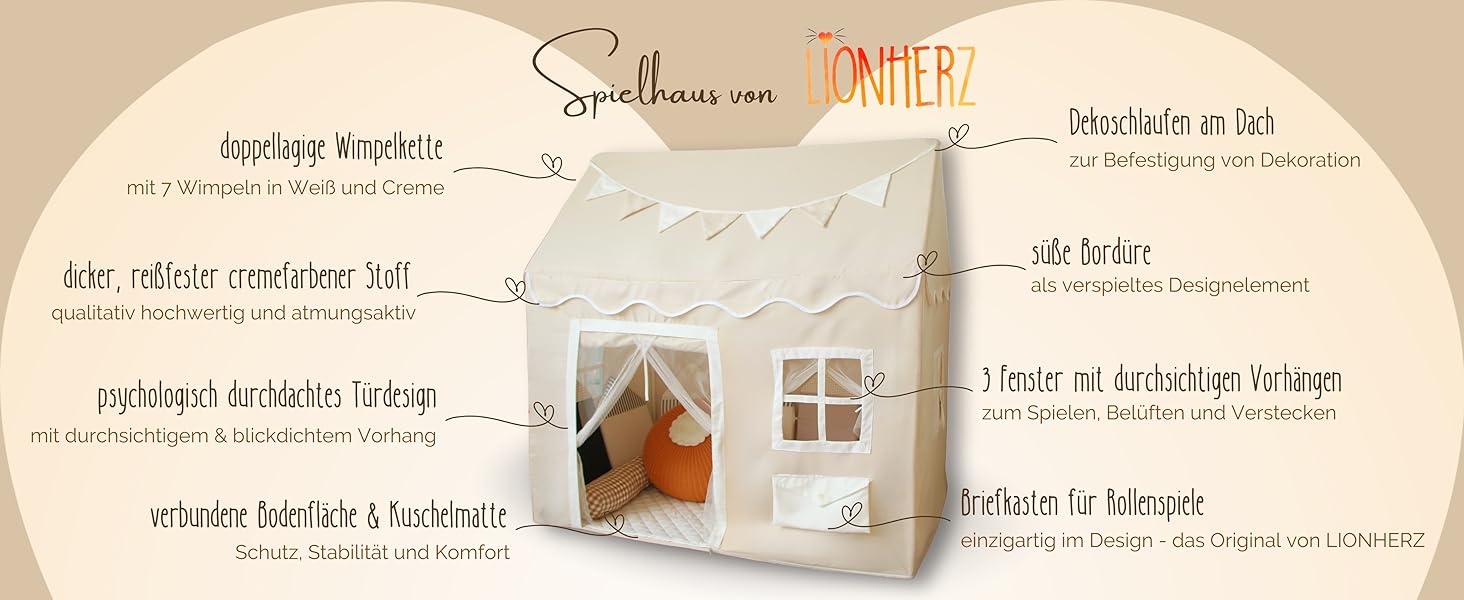 Дитячий будиночок LIONHERZ® DAS ORIGINAL з поштовою скринькою | Ігровий намет з килимком та гірляндою | Будиночок для дітей з 3 вікнами та щільним завісою | Намет для дитячої кімнати (кремово-білий)
