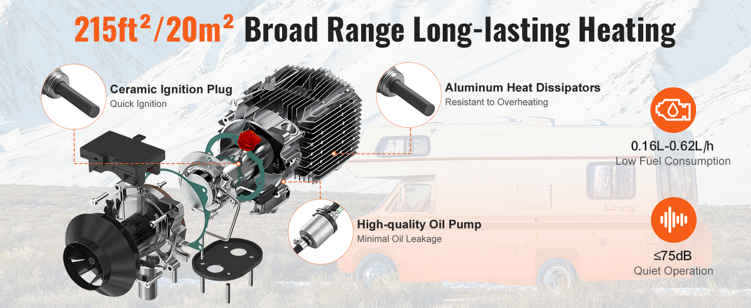 Електрична дизельна піч опалення VEVOR 12V 5-8kW з LCD-дисплеєм, пультом та Bluetooth. Горизонтальна модель.