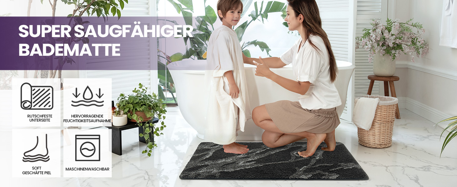 Килимок для ванної кімнати DEXI, 61 x 110 см, чорний, мікрофібра, антиковзаюча, швидковисихаюча