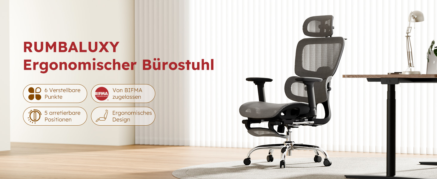 Ергономічне крісло для офісу Voll-Mesh з підголівником, підставкою для ніг, регульованою спинкою, підлокітниками, саморегульованою поперековою підтримкою, PU-колесами, поворот на 360°, 150 кг, темно-сірий