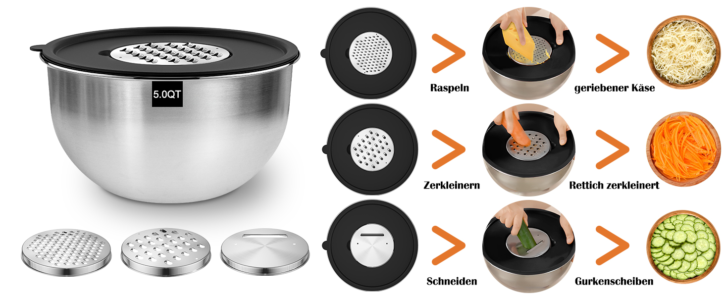 Набір мисок для кухні 5 шт. з нержавіючої сталі з кришками, 4.7л/2.8л/1.9л/1.4л/0.6л. Ідеально для приготування, випічки та зберігання. Складаються одна в одну, можна мити в посудомийній машині. В комплекті тертка.