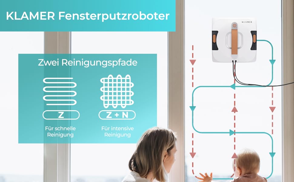 Робот-прибиральник вікон KLAMER 3500 Pa – автоматичний мийник вікон з резервуаром 100 мл, функцією вологого прибирання, розпізнаванням країв, тихий (60 дБ), захист від падіння та смарт-планування. Білий