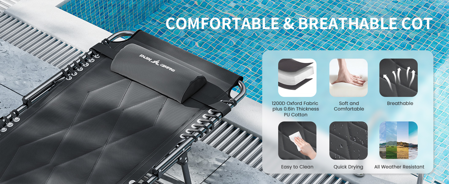 Розкладне ліжко для кемпінгу UDPATIO: зручне ліжко для відпочинку на природі, регульована спинка, з матрацом, чорний колір