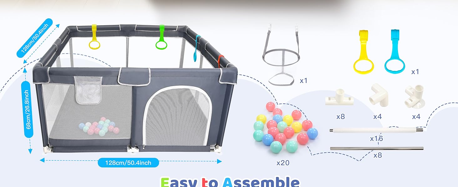Манеж дитячий CHOLY для немовлят та малюків, 128х128 см, сірий. Безпечний, з сіткою та м'яким захистом, легко збирається