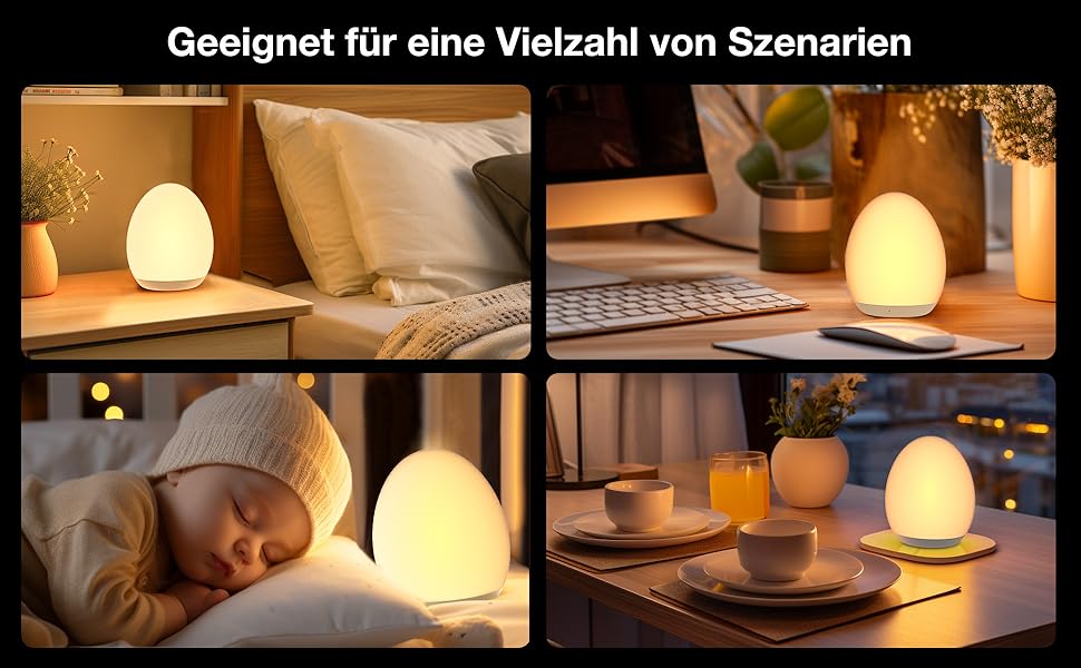 Нічник дитячий JolyWell з 8 режимами зміни кольору та регулюванням яскравості, перезаряджуваний нічник-яйце з таймером 1 година та сенсорним керуванням, білий