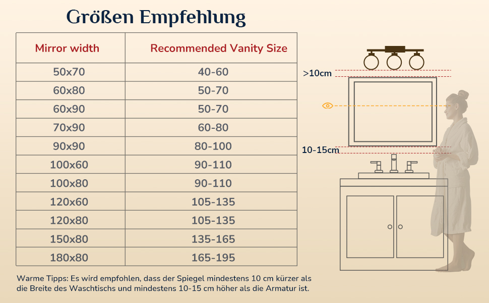Дзеркало для ванної кімнати Keonjinn з підсвічуванням 50x70 см, без запотівання, LED, сенсорне керування, 3 кольори, регулювання яскравості, пам'ять, без рамки