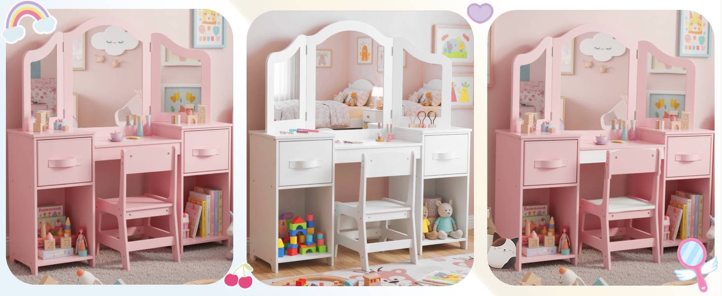 Дитячий туалетний столик MAMIZO 2 в 1 з дзеркалом та стільчиком, рожевий, з 2 висувними ящиками