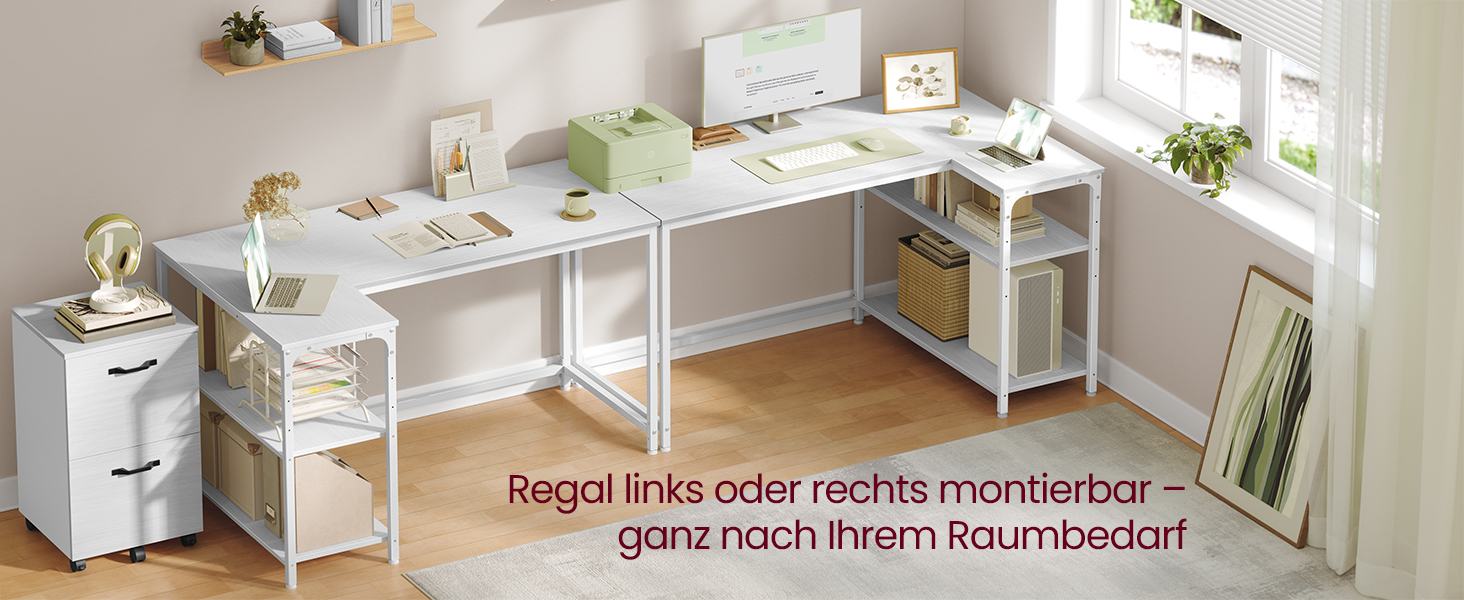 Кутовий стіл VASAGLE L-подібної форми з полицею, для офісу вдома, 120 x 80 см, Ahornweiß (без розетки)