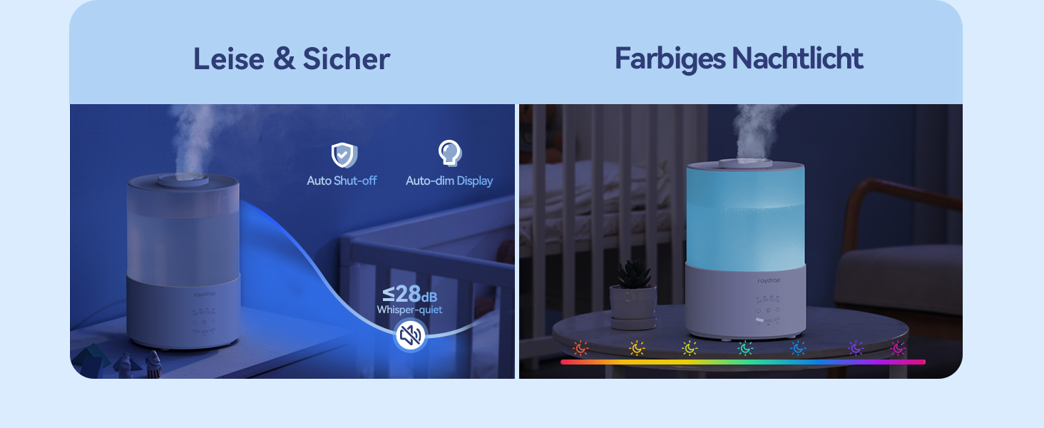 Зволожувач повітря Raydrop для спальні 3л, ультразвуковий, холодний пар, для великих приміщень, з LED підсвіткою, таймером та автовимкненням