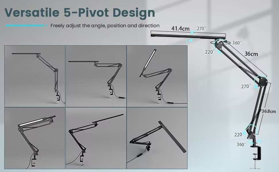 Настільна лампа затискна, лампа архітектора з QC3.0, 5 колірних режимів, функція пам'яті, чорний