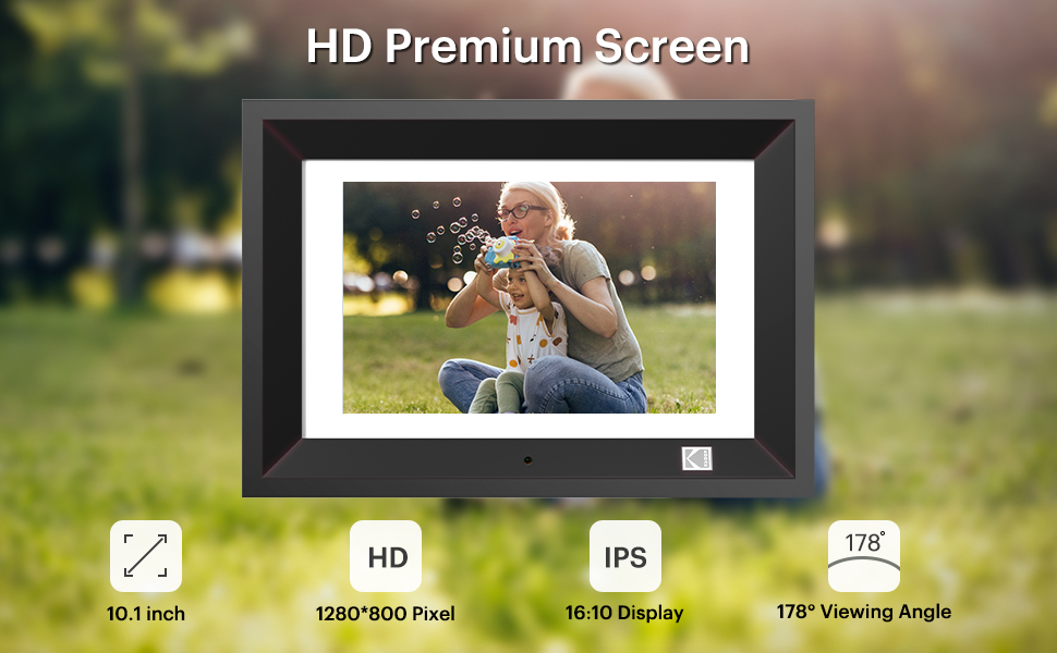 Цифровий фоторамка Kodak 10 дюймів з акумулятором, Wi-Fi, 32 ГБ, HD IPS сенсорний екран, фото/відео/музика, керування через додаток (Чорний)