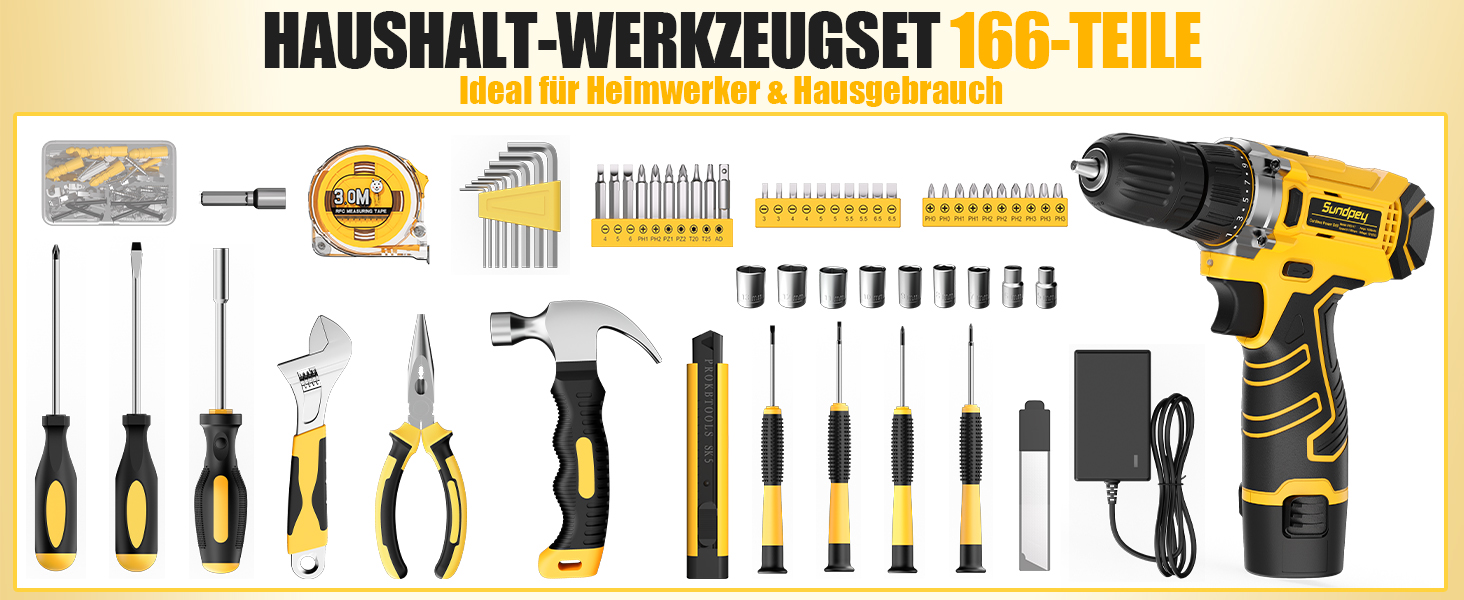 Набір інструментів Sundpey 166 предметів з акумуляторною викруткою 12V для дому, ремонту та саду (жовтий)