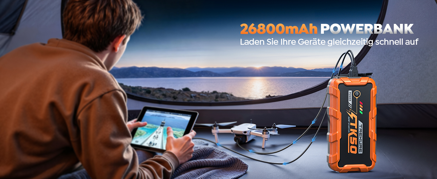 Бустер для автомобіля Starthilfe Powerbank 9000A 26800mAh — Пусковий пристрій для бензинових та дизельних двигунів (до 12.0L), 12V з ліхтарем 800 Лм та USB-портами, помаранчевий