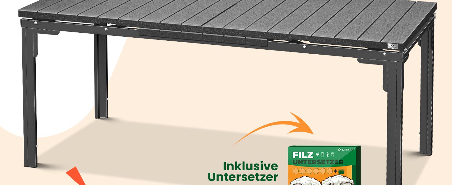 Розсувний садовий стіл KESSER® 180/240x90 см для 8 осіб, з розширенням, сталеве покриття, стільниця HDPE, вологостійкий, UV-стійкий, в комплекті 6 підставок