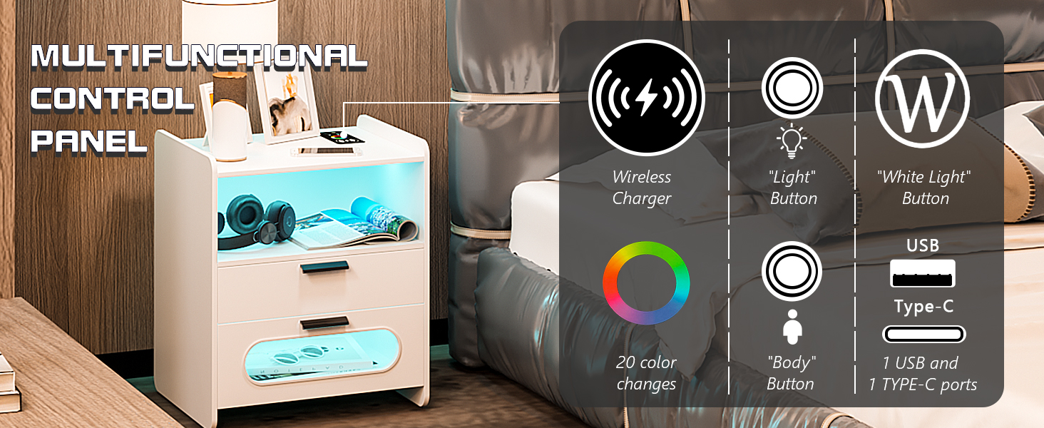 LED тумба Gurexl, комплект 2 шт., з USB Type-C зарядкою, 24-рівневе димування, сенсор, 2 шухляди, глянцева, для спальні, біла
