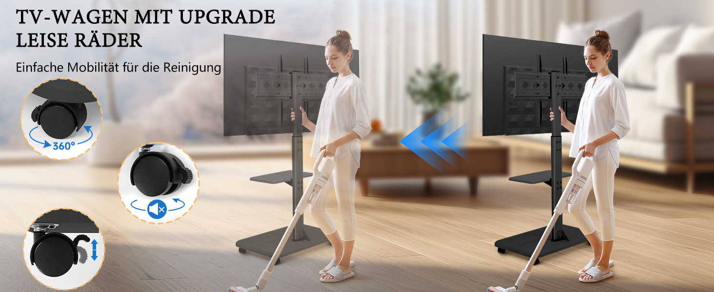 Мобільний телевізійний тумба Hellsehen для LED/LCD/OLED TV 32-70 дюймів (до 45.4 кг), чорна, з регулюванням висоти та фіксаторами коліс