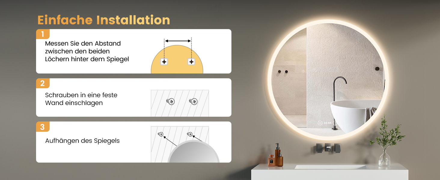 Дзеркало для ванної кімнати YOLEO з підсвічуванням 70см, LED дзеркало з Bluetooth, сенсорне управління, захисне скло, 3 кольори світла, регулювання яскравості, 70x70 см