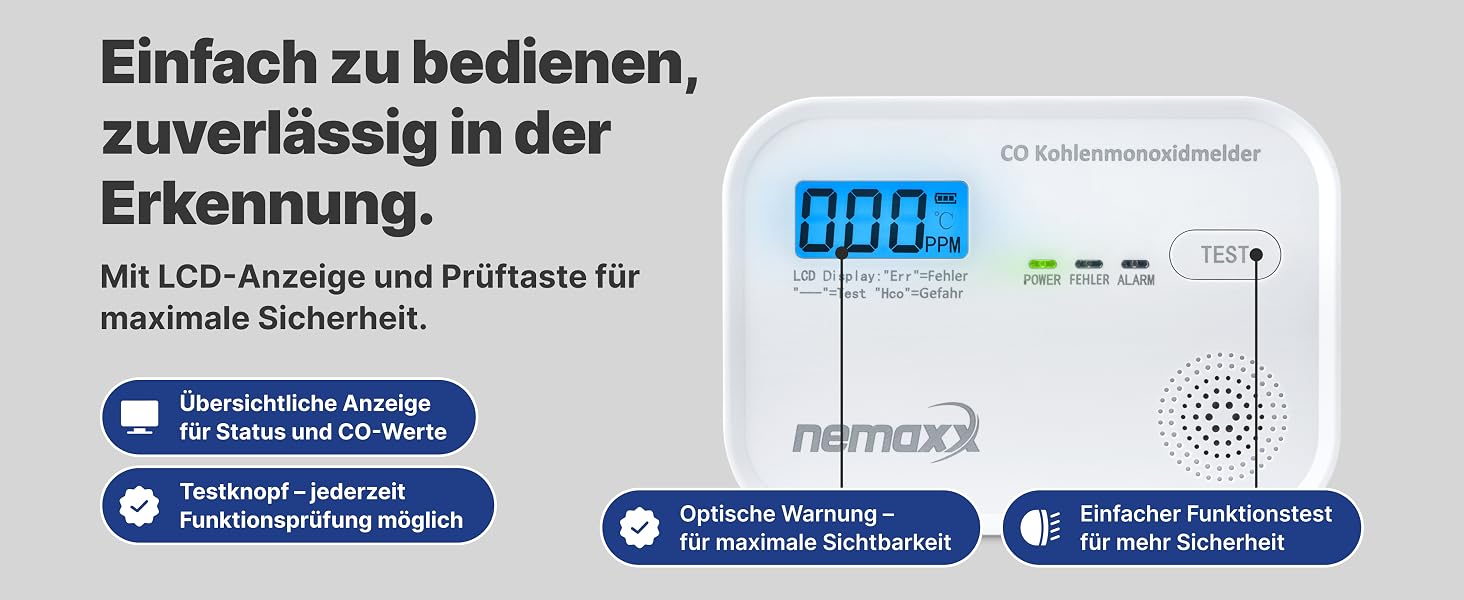 Детектор чадного газу NEMAXX® CM18 з LCD-дисплеєм, електрохімічний сенсор, 85 дБ, стандарт EN 50291-1:2018, термін служби 10 років