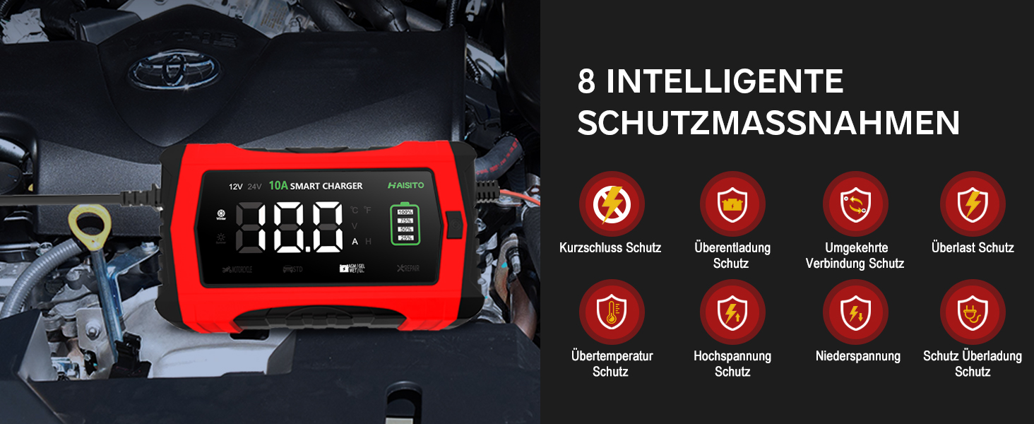 Інтелектуальне зарядне пристрій для акумулятора Haibito 12V/24V 10A з LCD-дисплеєм, для автомобіля