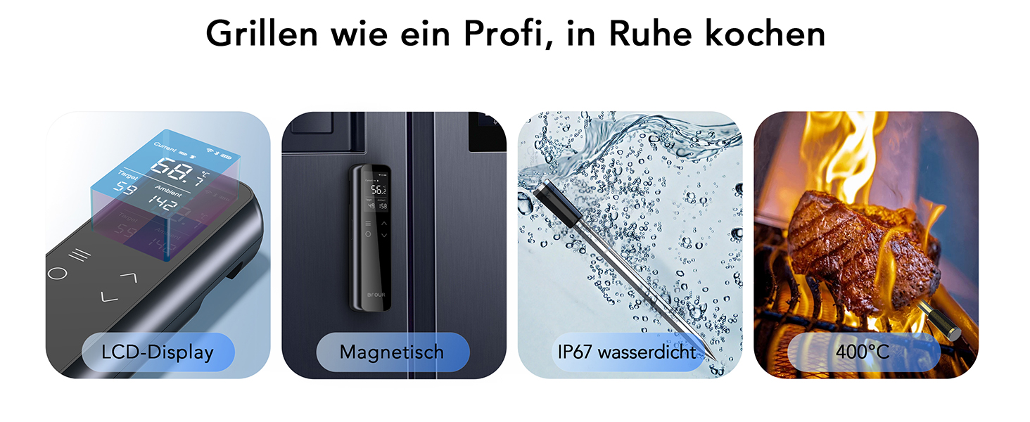 Термометр для м'яса BFOUR WiFi з Bluetooth, 6 сенсорів, з App-керуванням, бездротовий, для гриля та запікання
