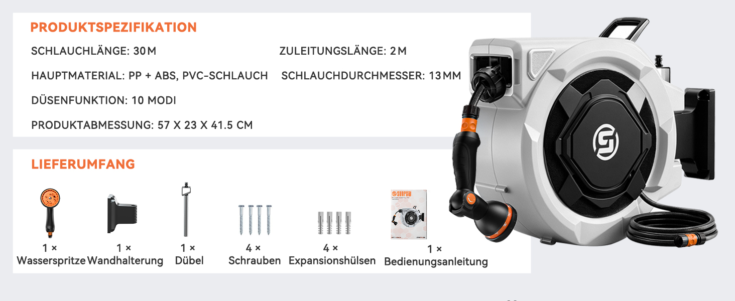Шланговий барабан SUNPOW настінний 30м для саду, тераси та двору. Автоматичний намотувач, поворотна стіна, 10 функцій розпилення. Діаметр 16 мм.