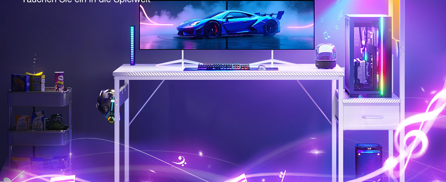 Ігровий стіл Coleshome з LED-підсвічуванням 120x48 см, з шухлядами та полицею, регульований, з тримачем для навушників