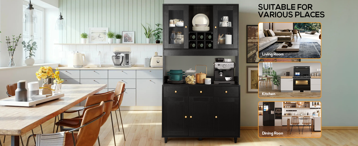 Кухонна шафа VOWNER з робочою поверхнею, буфет на кухню з 4 шафами, вітрина, буфет з регульованими полицями, 80 x 40 x 180 см, для кухні, вітальні, офісу, їдальні (білий) (чорний)