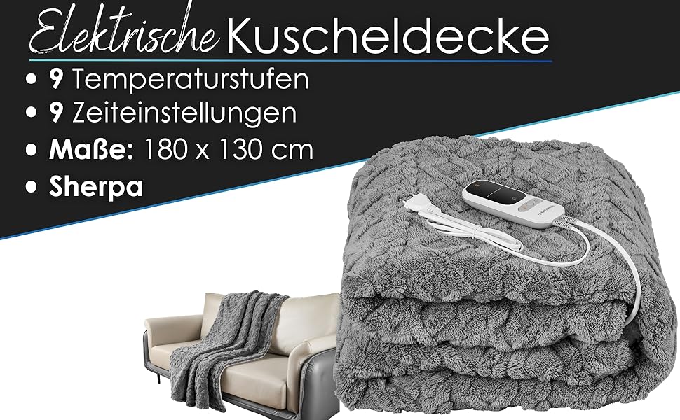 Електрична гріюча ковдра з автовимкненням 180x130 см, 9 температурних режимів, 40°C, пральна