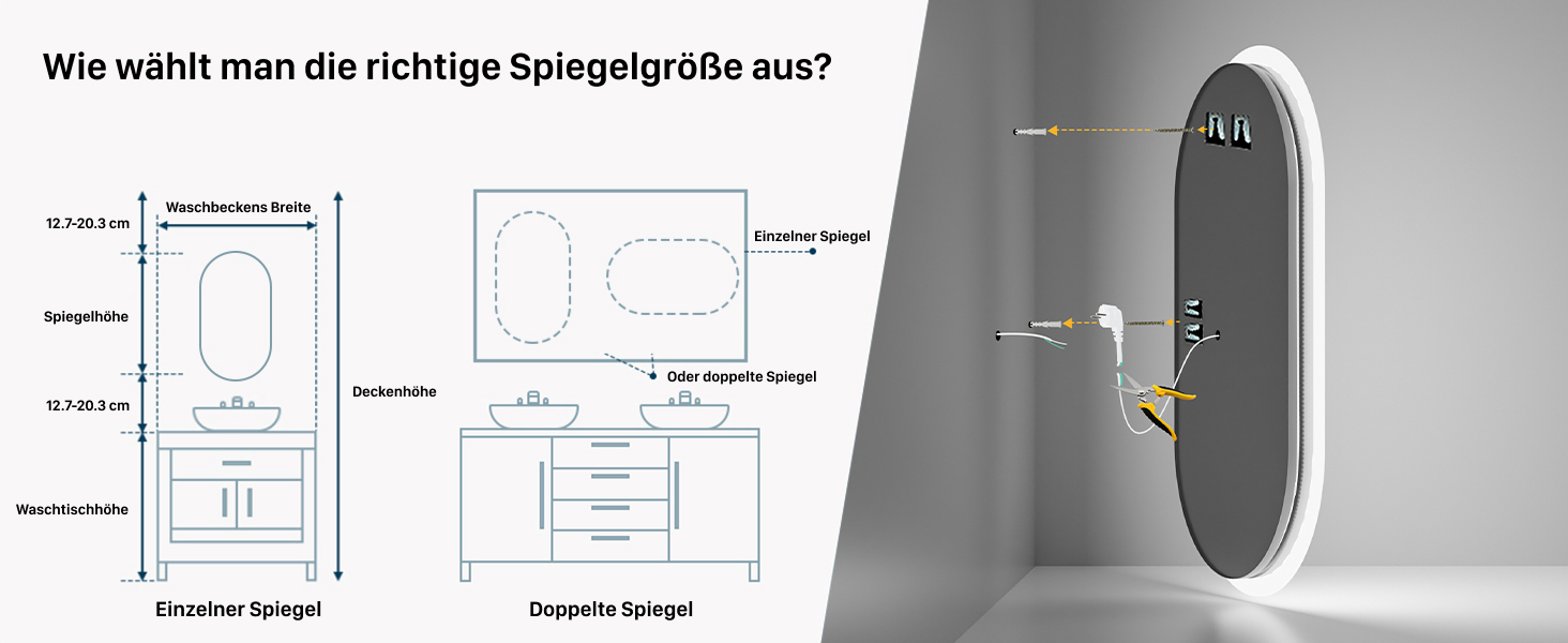 Дзеркало для ванної кімнати LUVODI овальне зі світлом, 50x80 см: LED, сенсорне керування, антизапар, 3 кольори, регулювання яскравості, пам'ять